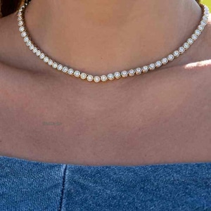 Bezel Set Round Moissanite diamond Tennis Necklace Wedding Necklace For women Diamond Necklace Gifts For women solid Gold Necklace For Her