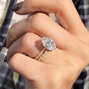 14KT Yellow Gold Two Ring Set 3.08CT Oval Moissanite Bridal Ring Set Wedding Set With Round Diamond Bubble band Anniversary Gifts For Women