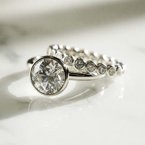 Brilliant Round Cut Moissanite Diamond Ring Bezel Set Solitaire Ring Round Bezel Set Full Eternity Band Perfect Gift For Friend Wedding day