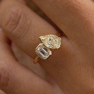 Emerald Cut & Pear Cut Moissanite Ring Bezel Set Two Diamond Ring Toi Et Moi Engagement Ring 14K Solid Yellow Gold Wedding Ring Gift For Her