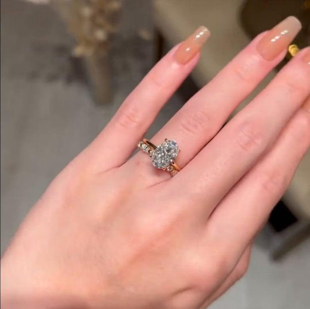 3 CT Oval Cut Moissanite Engagement Ring Set 14K Solid Gold Bridal Ring ...
