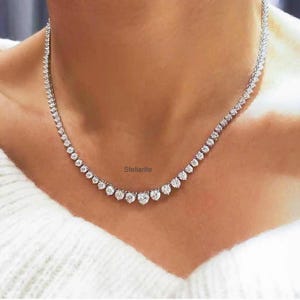 3 Prong Tennis Necklace 925 Sterling Silver Moissanite Tennis Eternity Chain 17&quot; Round Diamond Gift For Her Tennis Chain Necklace Jewelry