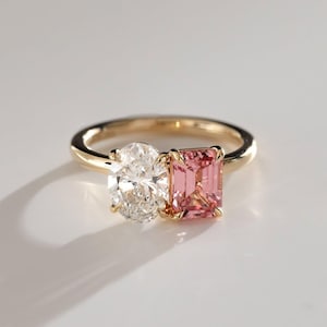 Pink Sapphire Emerald & Oval Moissanite Diamond Ring Toi Et Moi Engagement Ring 14K Solid Gold Two Stone Solitaire Ring Gifts For Girlfriend