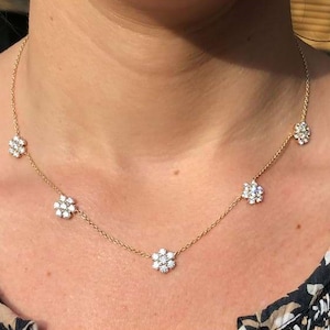 Sierlijke ronde Moissaniet-diamant bloemvormige ketting Moederdagcadeau voor haar 14K geelgouden diamanten stationketting bruiloftketting