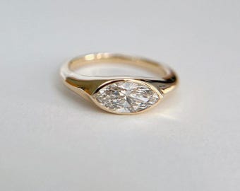 14KT Solid Yellow Gold Ring 1.25Ct Marquise Cut Moissanite Signet Ring Engagement Ring East West Bezel Setting Diamond Ring Gifts For Women