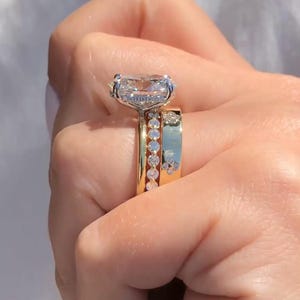 3.50CT Oval Cut Moissanite Hidden Halo Solitaire Ring Set Three Ring Set Anniversary Gift 18KT Yellow Gold Matching Band Set Wedding Gifts