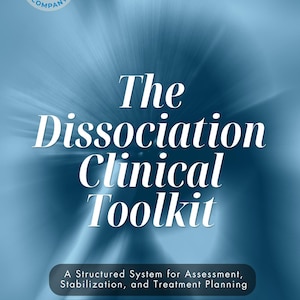 May include: A book cover titled The Dissociation Clinical Toolkit: A Structured System for Assessment, Stabilization, and Treatment Planning by Jenn Bovee, LCSW, CRADC, CCTPII, CCHt II. The background is blue with a My Mental Wellness Company logo.