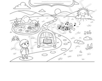 May include: Black and white line drawing of a coloring book page with the text "A Fun Journey to Feeling Better". The page includes a path, pond, sun, clouds, and a child. The text "This book belongs to: Write or draw your name above!" is also visible.
