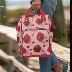 Diaper Backpack, Personalized Baby Girl Diaper Backpack,Raspberries and Hearts, Multifunctional Diaper Bag, Nursery Organizer, Baby