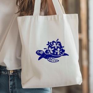 Boho Floral Sea Turtle Canvas Tote Bag: Reusable Beach Shopping Bag