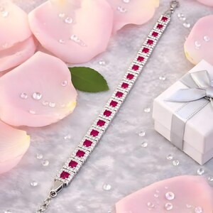 Silver Ruby Tennis Bracelet: Square Cut Red Gemstone Sparkling Diamond, Halo Wedding Bridal Jewelry