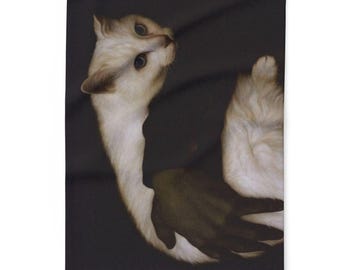 May include: A white cat with blue eyes is curled up in a dark, shadowy embrace. The cat's fur is soft and fluffy, and its eyes are bright and alert. The image is a study in contrasts, with the light fur of the cat standing out against the dark background.