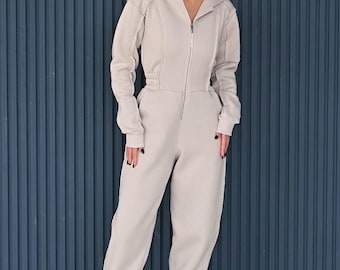 Womens Cotton Jersey Jumpsuit | Beige Lightweight Overall with Hood & Pockets | One Piece Casual Suit | Comfy Womens Lounge Romper