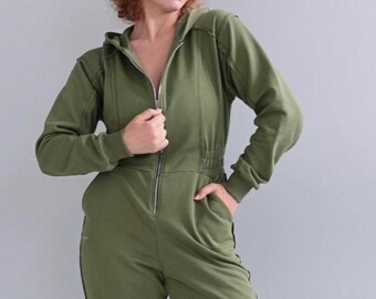 Women&#39;s Cotton Jumpsuit | Green Hooded Romper | Zip Front Overall with Pockets | Khaki One Piece | Casual Loungewear | Spring Cozy Jumpsuit
