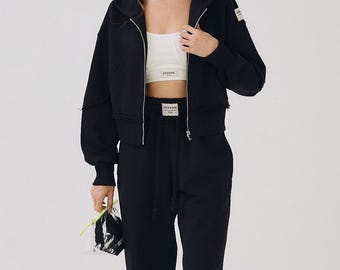 Women's Designer Tracksuit | Premium Cotton Black Hoodie & Joggers | Loungewear Two Piece Set | Airport Outfit | Oversized Zip-Up Lounge Set