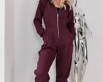 Women's Fleece Lined Jersey Jumpsuit with Zipper & Pockets | Burgundy Winter One Piece | Designer Raw Edge Hooded Suit