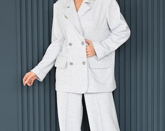 Women&#39;s Double Breasted Blazer & Palazzo Suit Set | Classic Oversized Blazer Jacket | Formal Two-Piece Office Wear | Handmade Button Up Suit