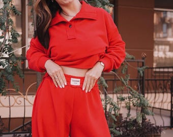 Oversized Sweatshirt & Wide Leg Palazzo Tracksuit | Cotton Polo Pants Set | Airport Travel Lounge Wear