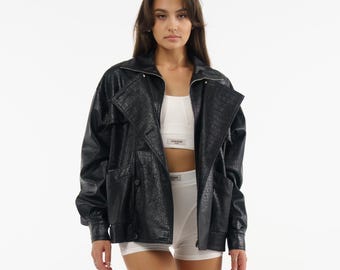 Oversized Faux Leather Jacket Women, Croc Embossed Black Biker Jacket, Y2K Crocodile Jacket, Vegan Leather Coat, Street Style