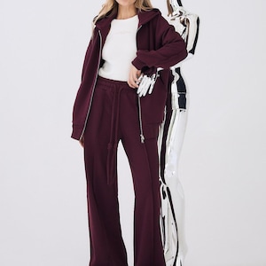 Women&#39;s Premium Cotton Tracksuit | Oversized Zip Up Hoodie & Palazzo Pants Set | Designer Loungewear Two Piece Suit | Casual Jogger Set