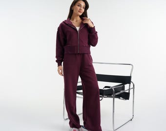 Women Tracksuit Set | Cropped Zip Up Hoodie & Wide Leg Palazzo Pants | Cotton Matching Sweatsuit Lounge Set