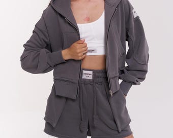 Women's Designer Cotton Tracksuit | Premium Zip Hoodie & Shorts Wear | Summer Loungewear Two Piece Set | Oversized Athleisure Airport Outfit