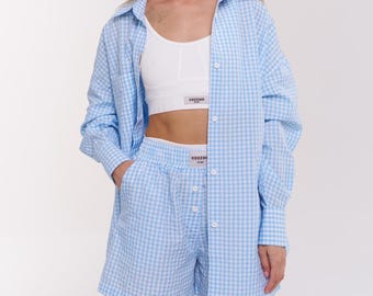 Cotton Gingham Plaid Shirt Shorts Set | Button Up Flannel Two Piece | Oversized Summer Loungewear