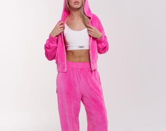 Women Velour Tracksuit Set | Embroidered Zip Hoodie & Palazzo Pants | Handmade Two Piece Loungewear