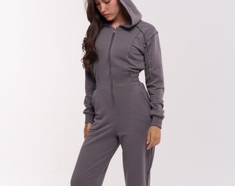 Hooded Cotton Fleece Jumpsuit | Handmade Women's Winter Overalls