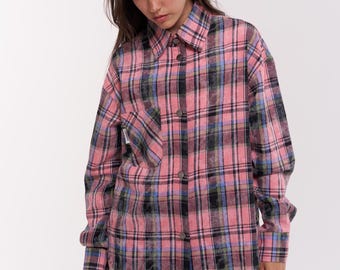 Vintage Oversized Plaid Flannel Shirt | Tartan Cotton Button Up Blouse