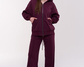 Burgundy Cotton Tracksuit | Oversized Hoodie & Palazzo Pants Loungewear Set
