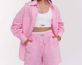 Women&#39;s Pink Checkered Shirt Shorts Set | Cotton Button Up Top | Gingham Two Piece | Casual Summer Plaid Blouse | Lightweight Beach Outfit