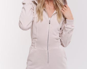 One Piece Cotton Fleece Jumpsuit | Women's Hooded Snowsuit Romper