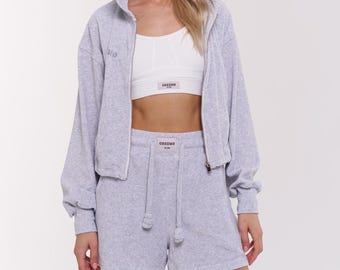 Velour Hoodie Shorts Set | Embroidered Zip Up Cotton Loungewear