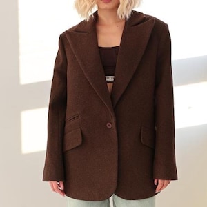 Womens Brown Tweed Blazer Women | Oversized Summer Cotton Classic Jacket | Single Breasted Formal Office Wear | Handmade Designer Coat