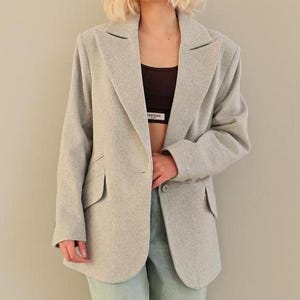 Oversized Tweed Blazer Women | Handmade Summer Cotton Classic Jacket | Single Breasted Formal Office Wear | Vintage Designer Gray Coat