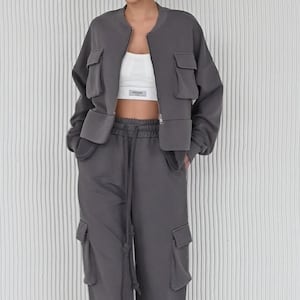 Women&#39;s Cotton Tracksuit | Oversized Sweatshirt & Cargo Pants Set | Ski Suit With Joggers | Lounge Set Women | Two Piece Suits For Women