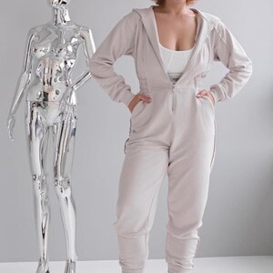 Women's casual cotton jersey jumpsuit in beige, full length one piece with hood and zipper, everyday comfortable romper, versatile loungewear