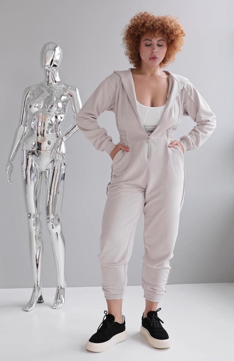 Women's casual cotton jersey jumpsuit in beige, full length one piece with hood and zipper, everyday comfortable romper, versatile loungewear