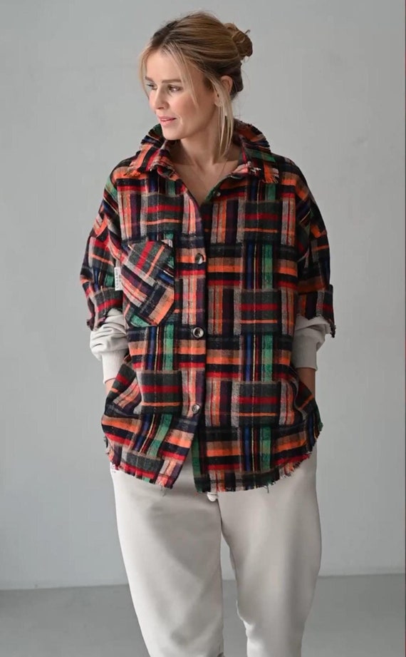 Plaid Shirt Womens Oversized Flannel Coat Vintage Plaid Flannel