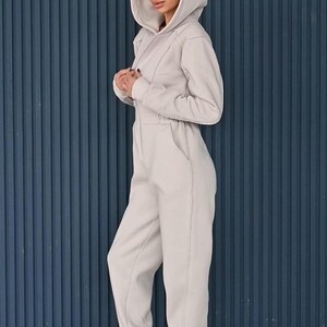 Beige cotton jumpsuit with hood up, women's casual jersey one piece, zipper front comfortable romper, elastic waist loungewear with pockets