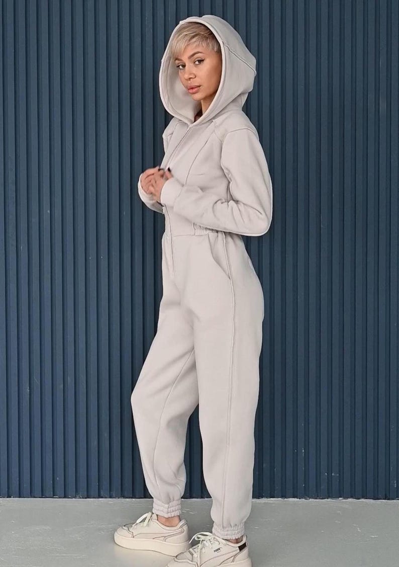 Beige cotton jumpsuit with hood up, women's casual jersey one piece, zipper front comfortable romper, elastic waist loungewear with pockets