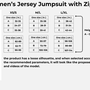 Detailed size guide for Women's Jersey Jumpsuit, beige cotton one piece romper dimensions, comprehensive measurement chart for proper fit selection