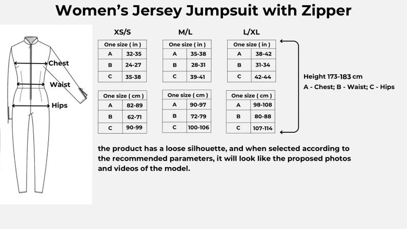 Detailed size guide for Women's Jersey Jumpsuit, beige cotton one piece romper dimensions, comprehensive measurement chart for proper fit selection