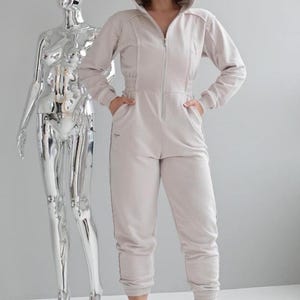 Zippered cotton jersey overall for women, beige casual one piece romper with functional pockets, lightweight loungewear jumpsuit, comfortable everyday outfit