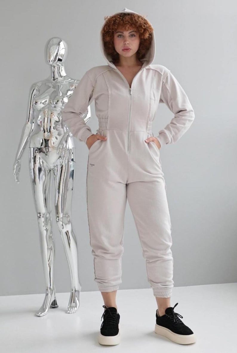 Zippered cotton jersey overall for women, beige casual one piece romper with functional pockets, lightweight loungewear jumpsuit, comfortable everyday outfit