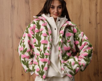 Floral Sherpa Bomber Women | Teddy Zip Jacket | Pink Bouclé Plush Outerwear | Oversized Spring Cottagecore Coat