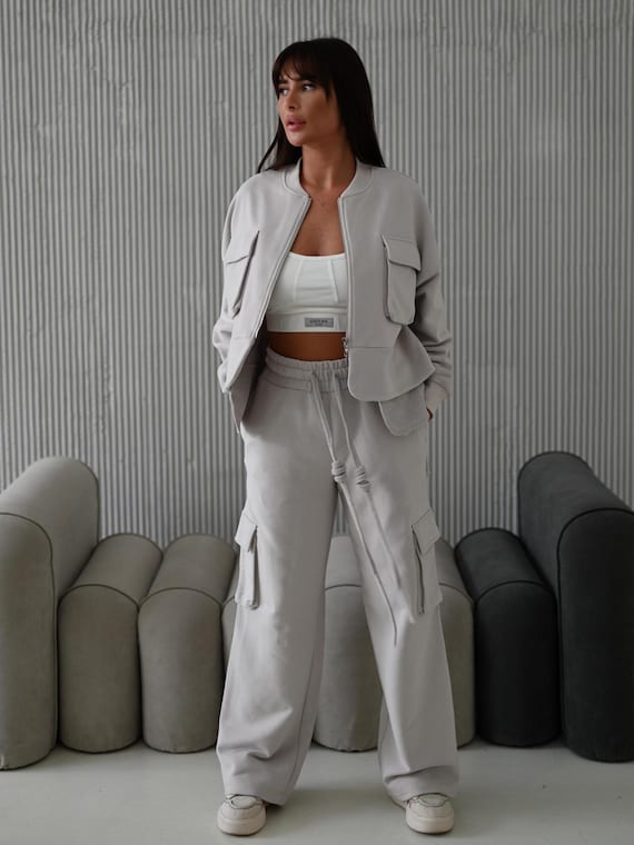 Women's Cotton Tracksuit Oversized Beige Sweatshirt Cargo