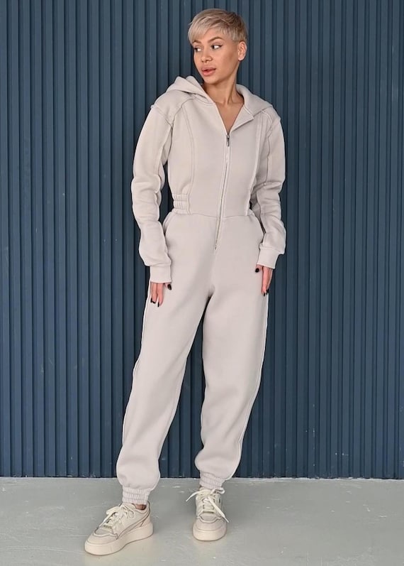 Womens Cotton Jersey Jumpsuit Beige Lightweight Overall with Hood  Pockets One Piece Casual Suit Comfy Womens Lounge Romper