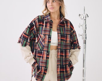 Oversized Plaid Shirt | Cotton Jersey Sleeves Jacket | Vintage Flannel Checkered Shirt